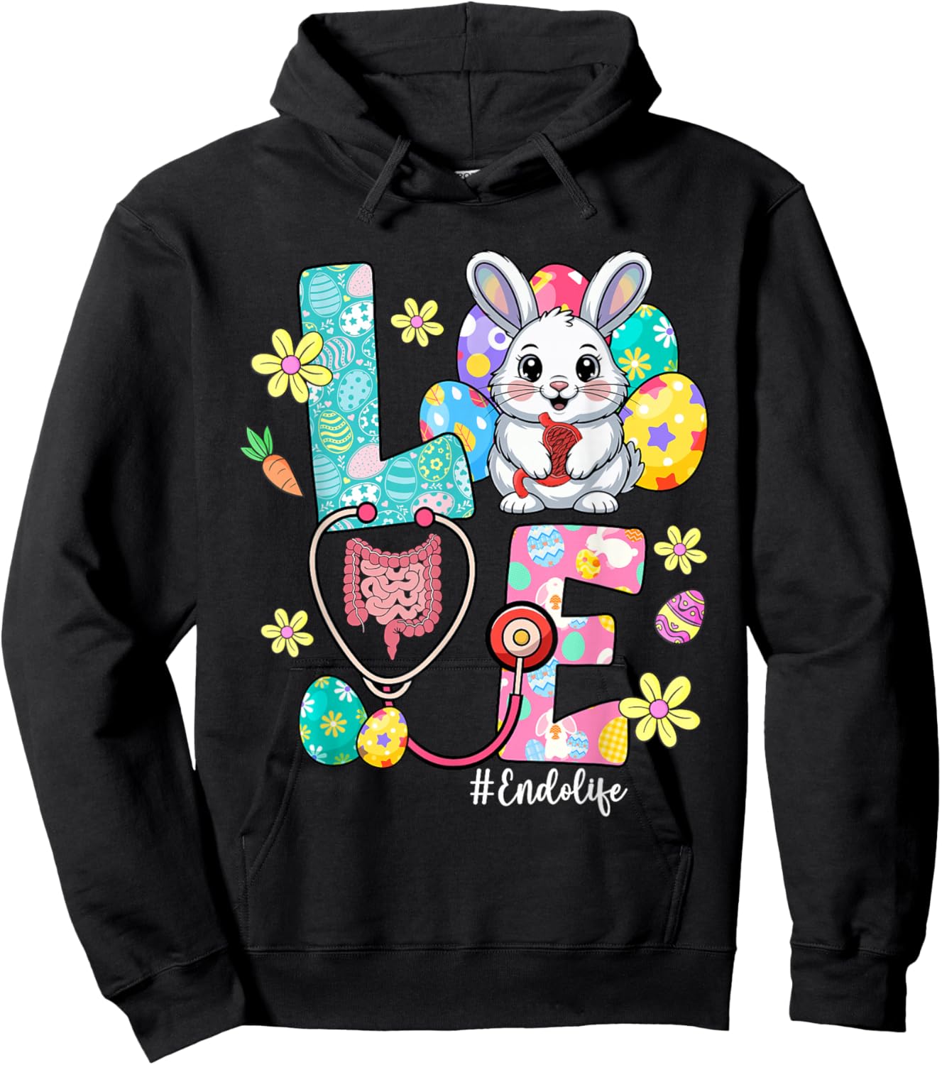 Love Endo Life Endo Nurse Bunny Stethoscope Easter T-Shirt - Hoodie | Black