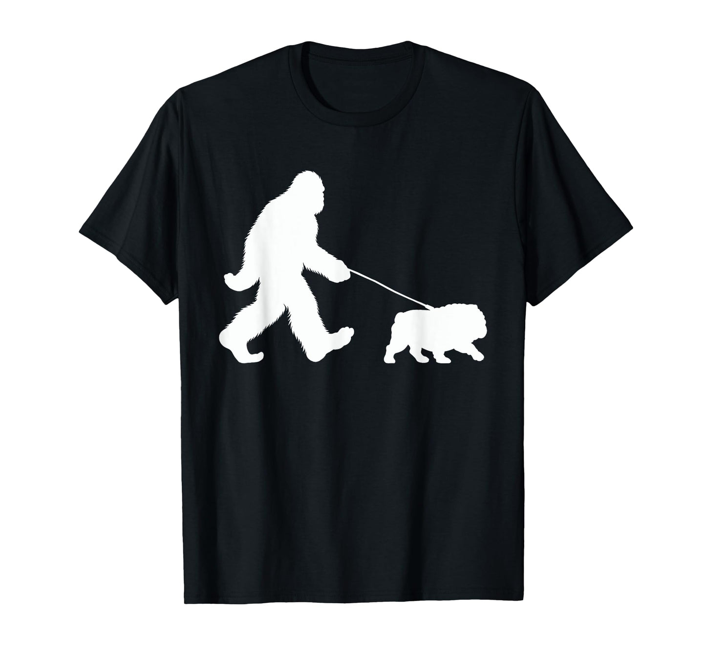 Bigfoot Walking a Dog Funny English Bulldog Lovers Dog Dad T-Shirt for Men Women Girls Kids