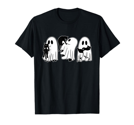 Ghost Holding Black Cat Funny Halloween Cat Lovers Women Tee T-Shirt
