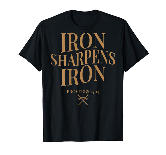 (ON BACK) Iron Sharpens Iron Bible Verses Christian Gym Mens T-Shirt