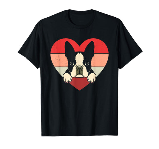 Retro Heart Boston Terrier Dog Vintage Valentine Womens Mens T-Shirt