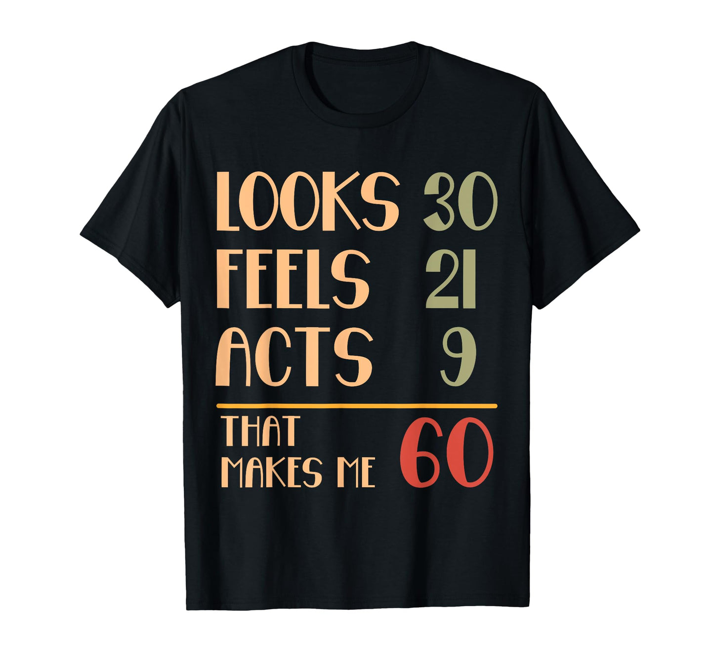 Funny 60th Birthday Humor Looks 30 Feels 21 Acts 9 Sixty T-Shirt