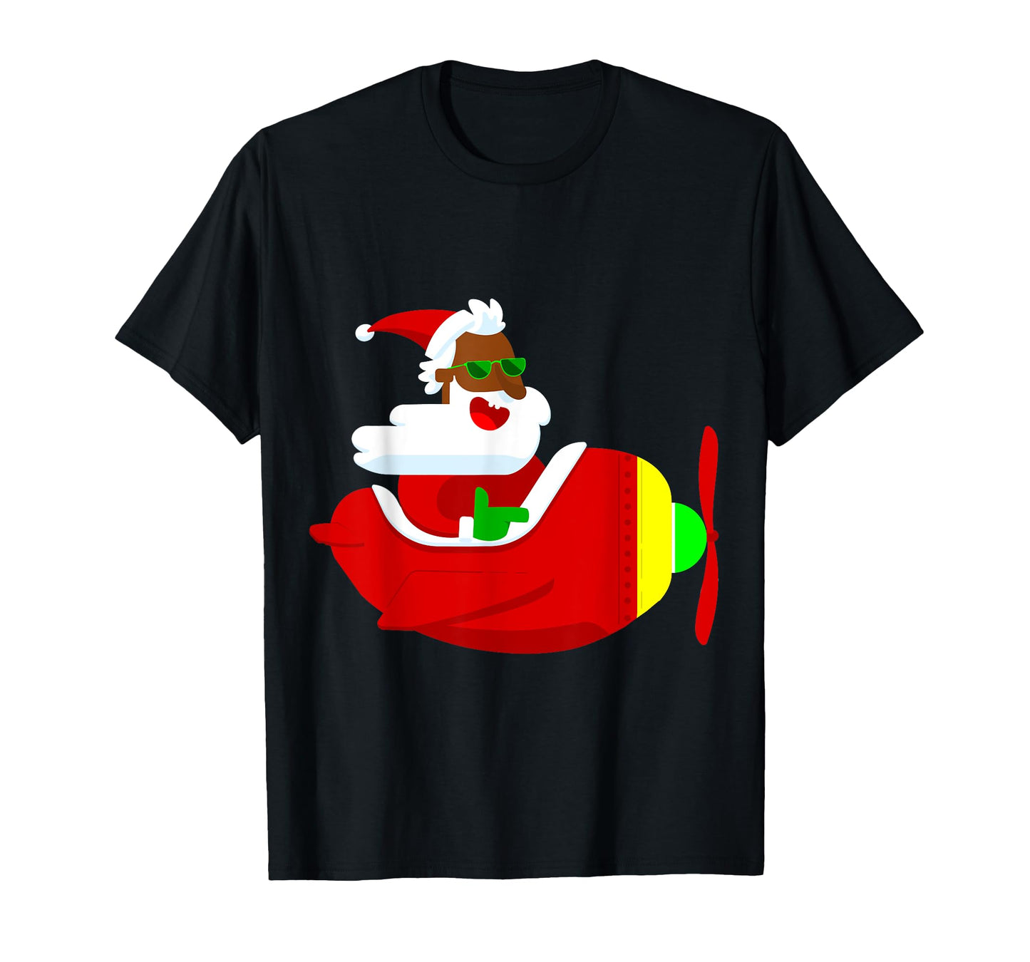 Christmas Aviator Airplane Pilot African Santa Funny Black T-Shirt