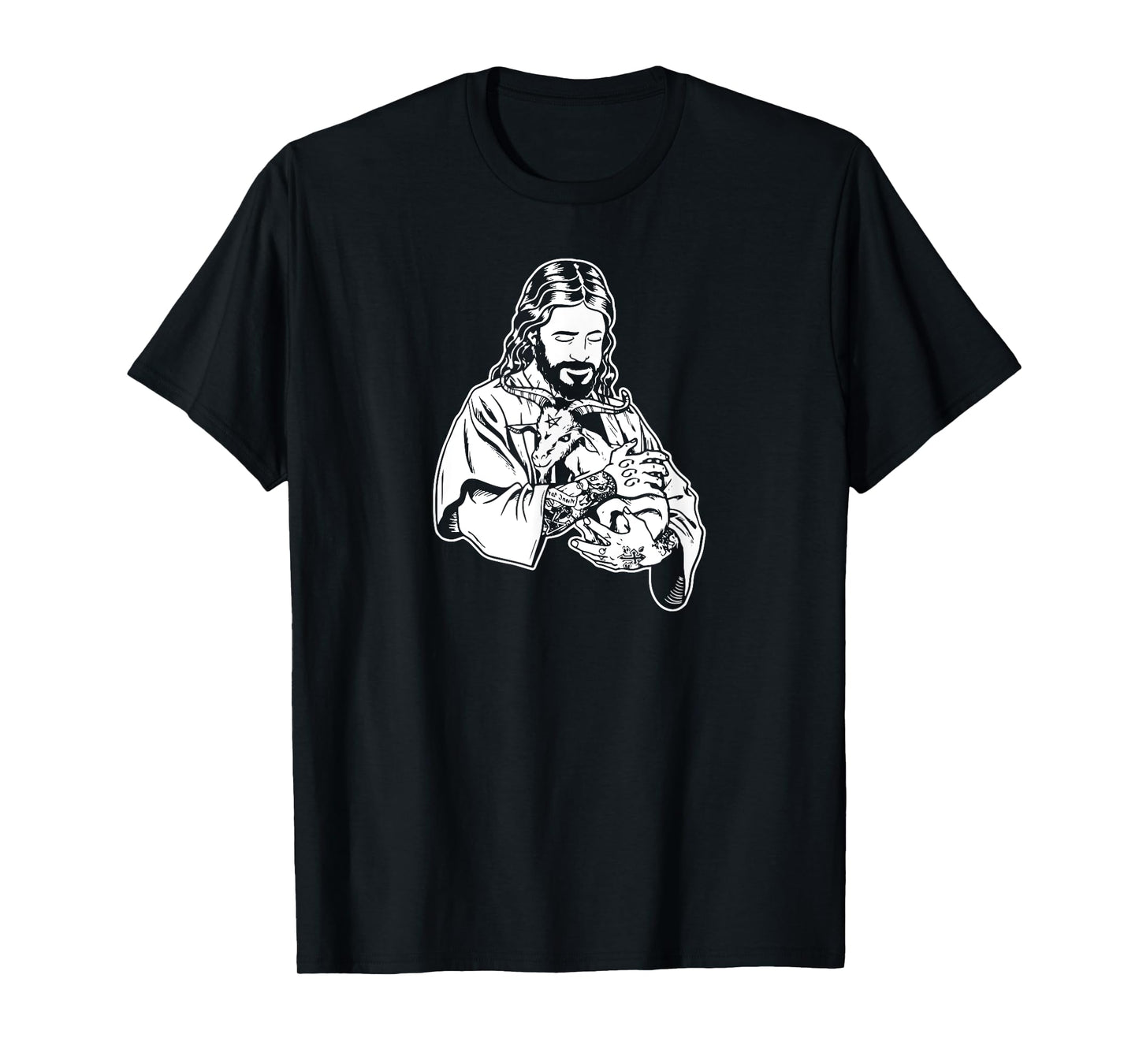 Jesus Holding Goat Baphomet Occult Satanic Tattooed Jesus T-Shirt