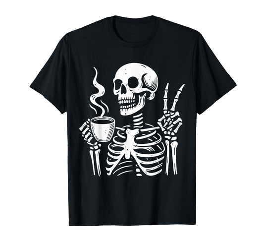 Skeleton Drinking Coffee Gothic Peace Sign Halloween Hippie T-Shirt