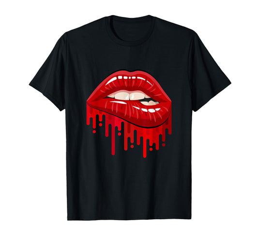 Cool Men's Women's Bold Red Biting Lips Graphic Short Sleeve T-Shirt