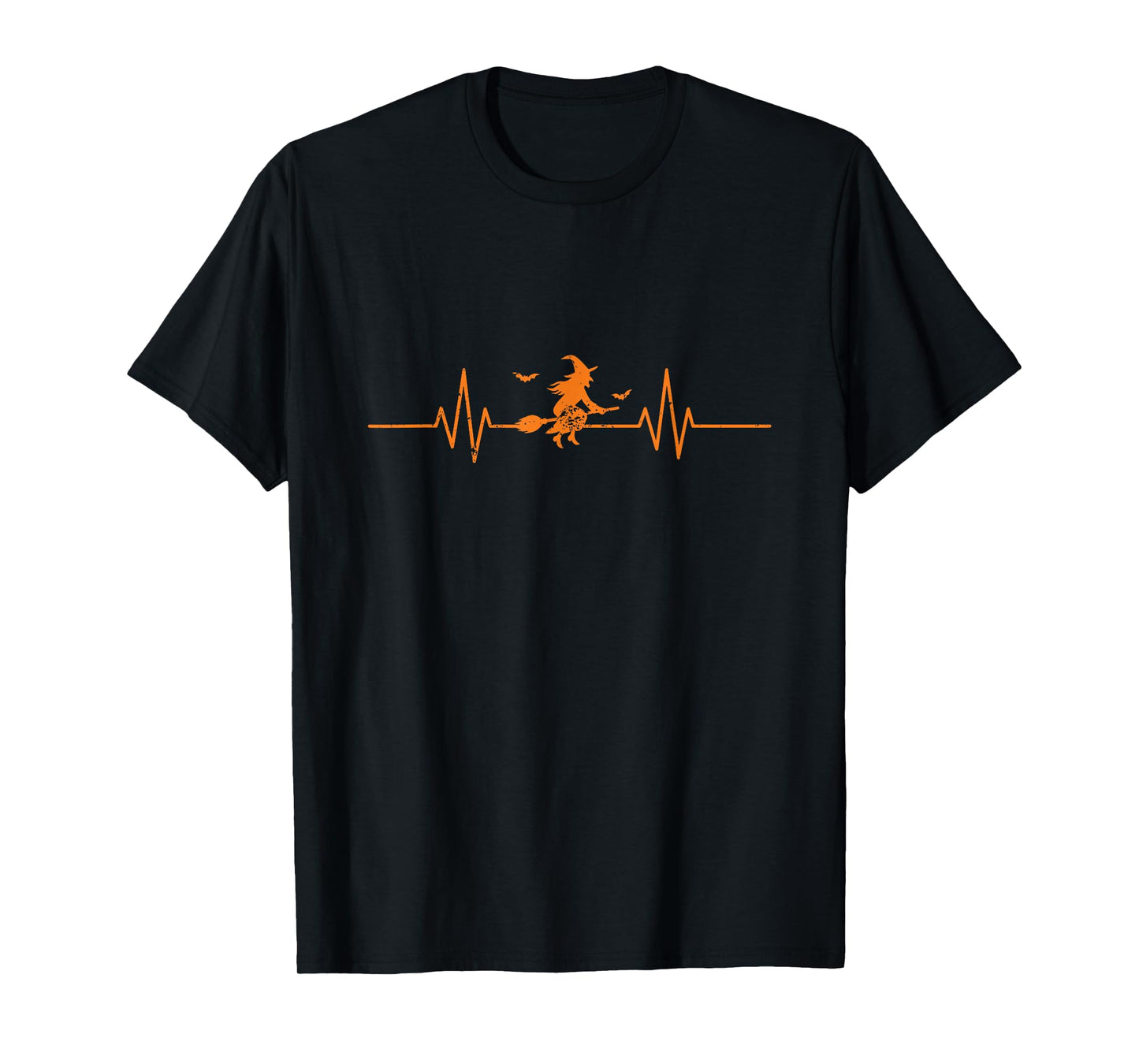 Witch On Broom Heartbeat EKG Line Halloween T-Shirt