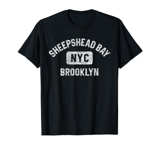Sheepshead Bay Brooklyn NYC Gym Style Distressed White Print T-Shirt