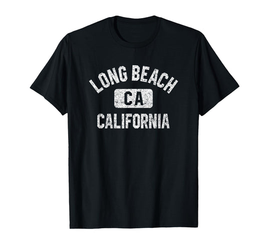 Long Beach California Gym Style Distressed White Print T-Shirt