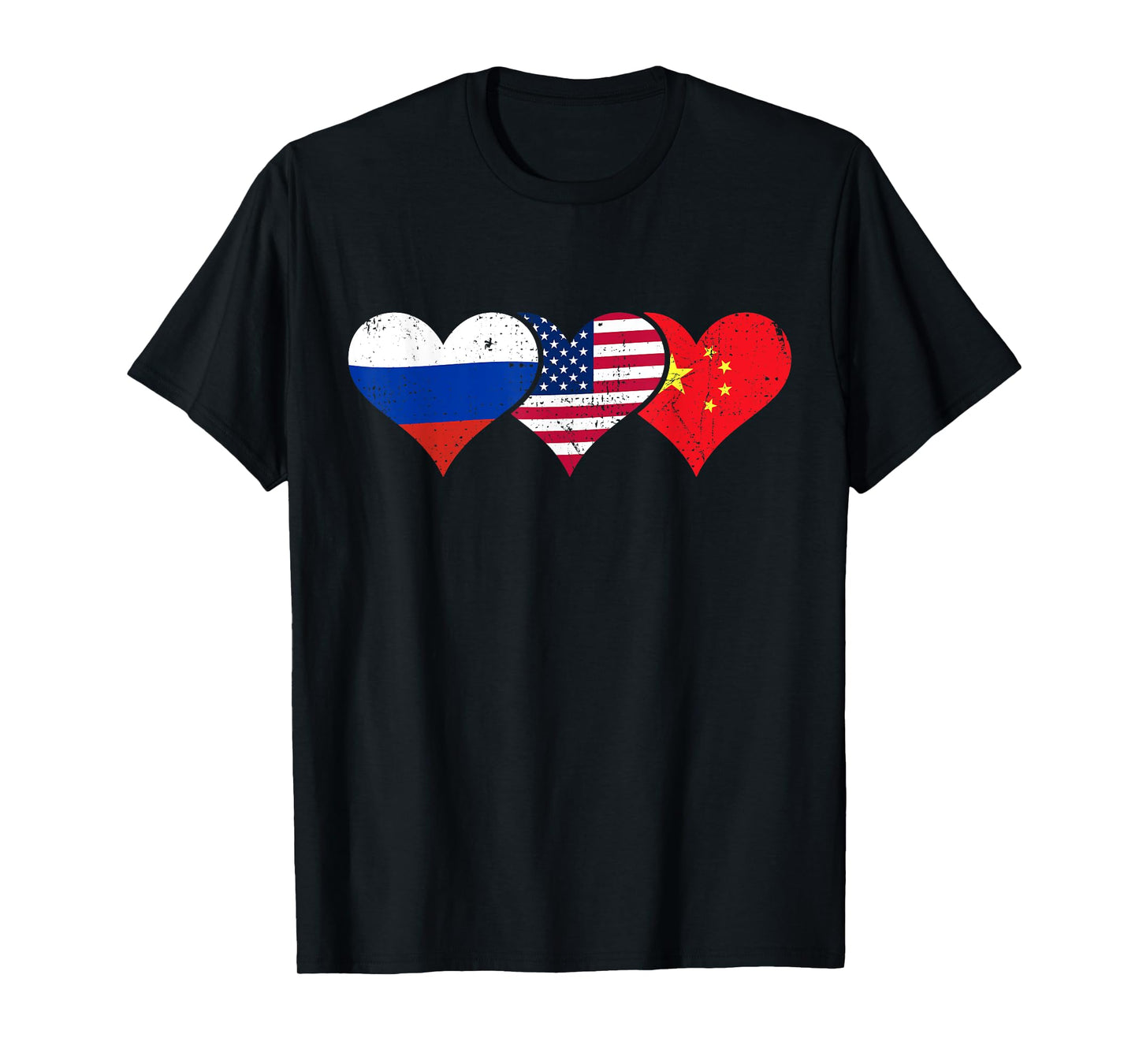 Russia, USA & China Flags – Russian American Chinese Hearts T-Shirt