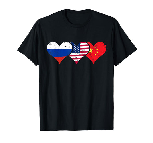 Russia, USA & China Flags – Russian American Chinese Hearts T-Shirt