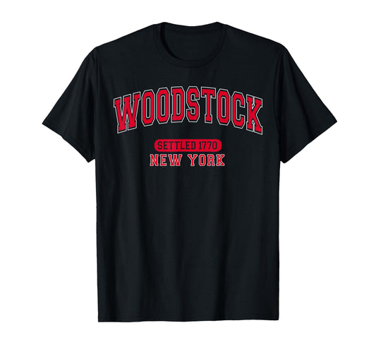 Woodstock New York Settled 1770 Arched Varsity Red Letters T-Shirt
