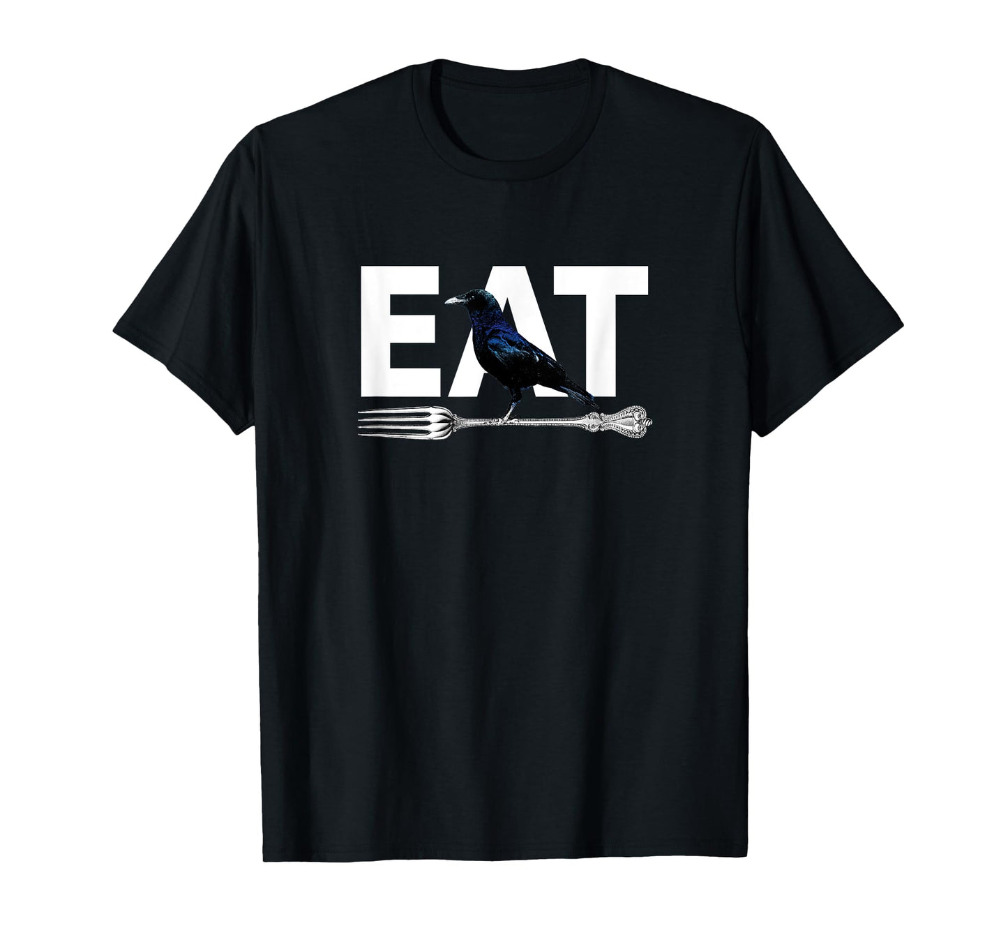 Eat Crow Humor | Black & Blue Crow & Silver Fork Funny Sorry T-Shirt