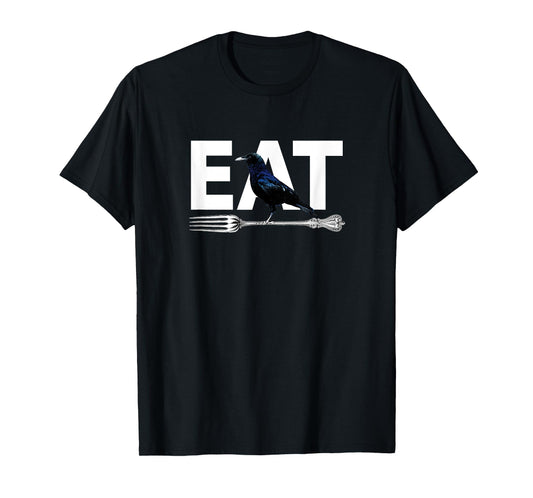 Eat Crow Humor | Black & Blue Crow & Silver Fork Funny Sorry T-Shirt
