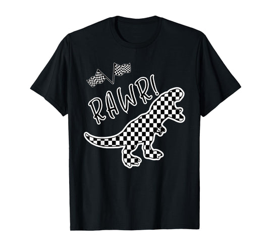 Checkered T-rex Dinosaur Race Car Gamer Boys Girls Toddler T-Shirt
