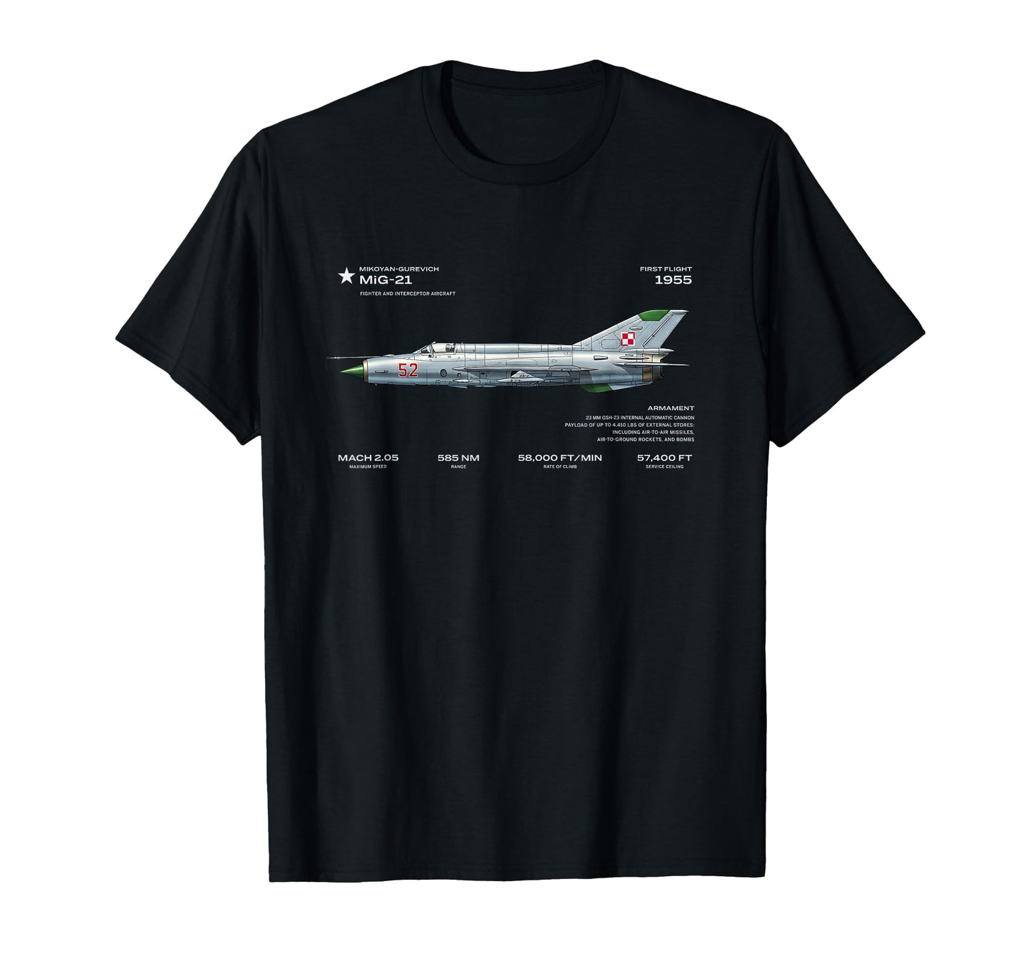 MiG-21 Fighter Jet – Cold War Soviet Aircraft Design T-Shirt