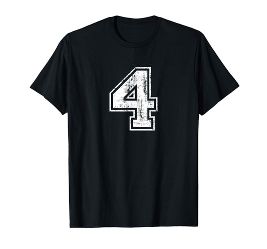 Sport Training Practice Varsity Distressed Numbers Number 4 Four Unisex-Adults Black Cotton 100% T-Shirt Small Crew Neck Short Sleeve