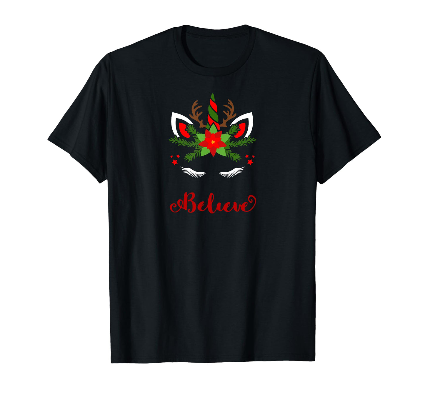 Believe Unicorn Reindeer Face Cute Christmas Santa Deer T-Shirt