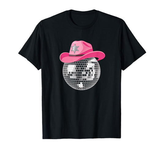 disco ball vintage pink cowboy hat discoball party woman T-Shirt