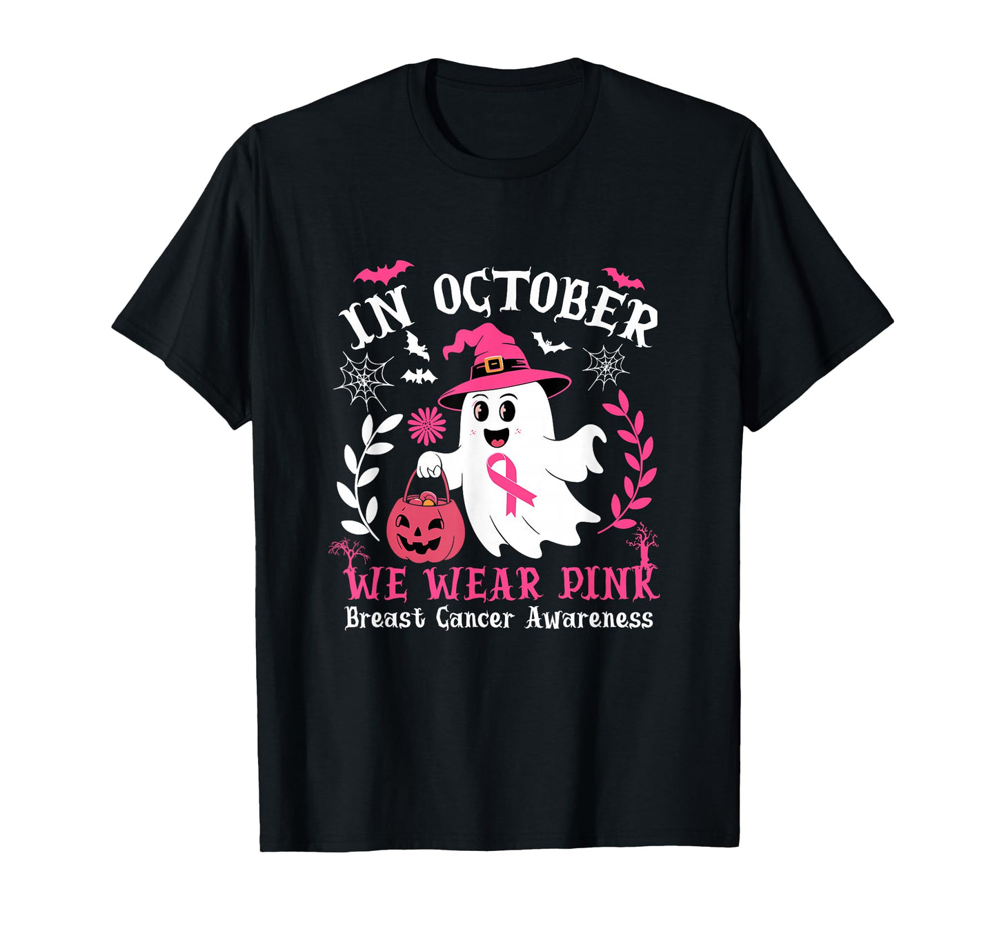 in October We Wear Pink Halloween Witch Ghost Pumpkin T-Shirt