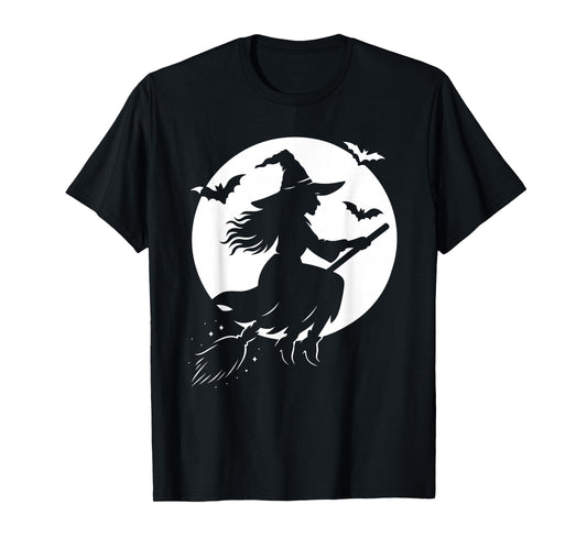 Halloween Witch on Broom Moon Silhouette Spooky Samhain Art T-Shirt