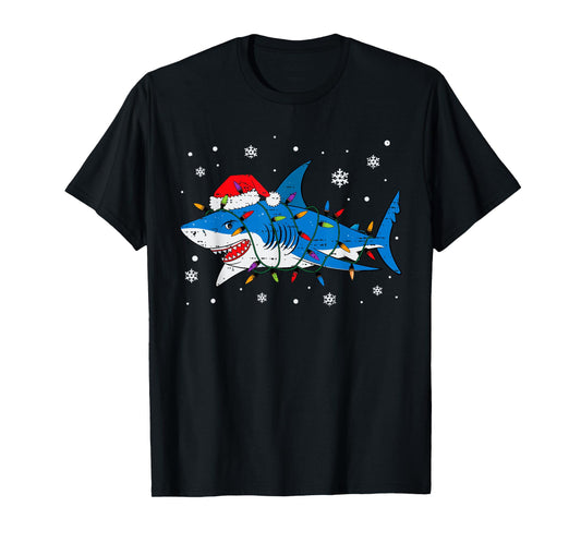 Shark Santa Hat Christmas Lights Xmas Pajama Men Women Kids T-Shirt