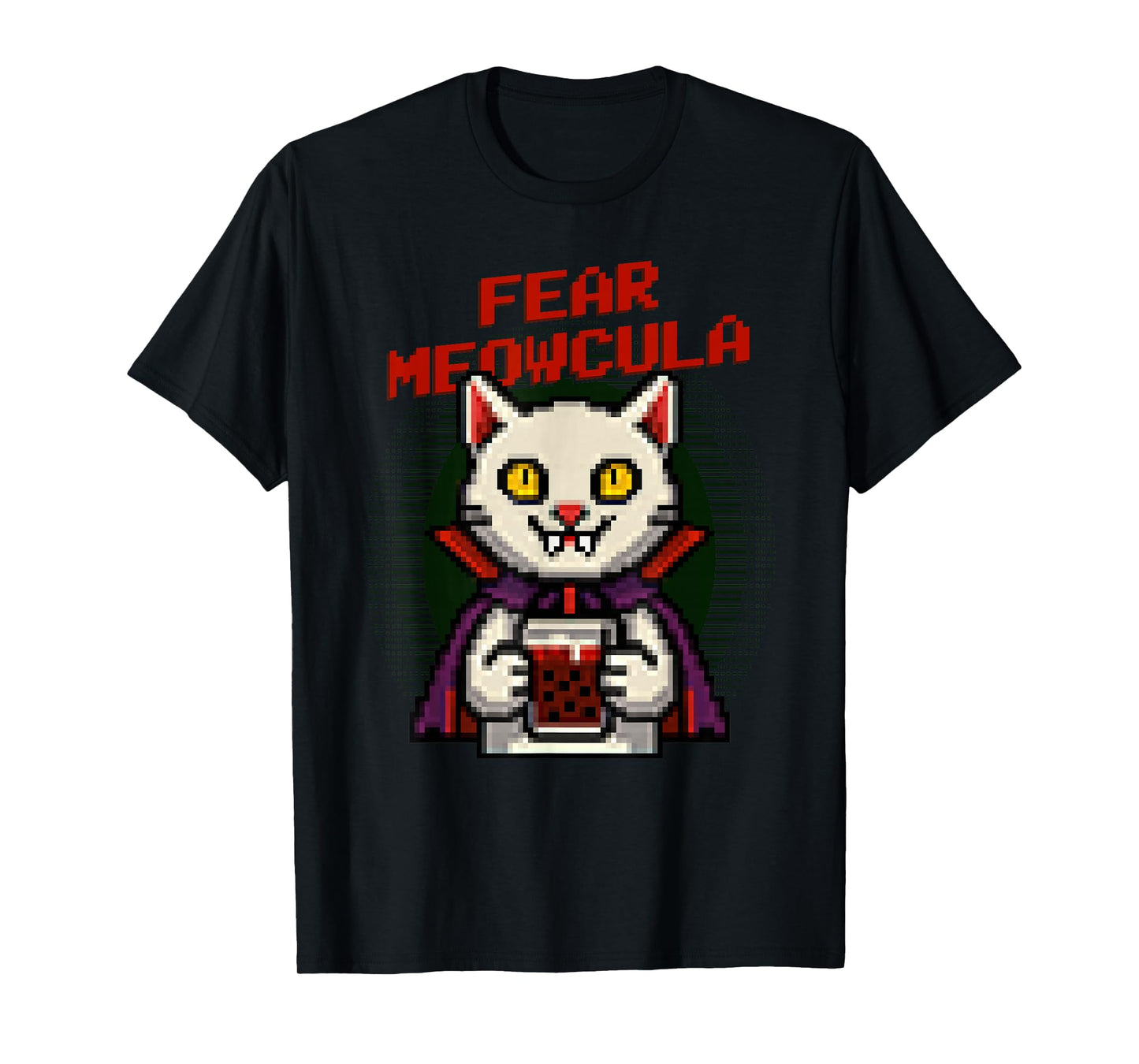 Fear Meowcula Funny Pixel Art Vampire Cat Halloween T-Shirt