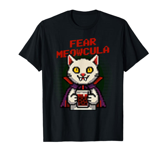 Fear Meowcula Funny Pixel Art Vampire Cat Halloween T-Shirt