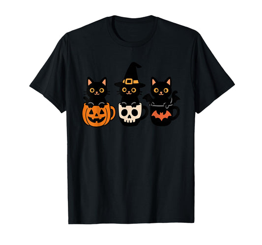 Halloween Cats in Mugs with Pumpkin Skull and Bat Cute Cat T-Shirt
