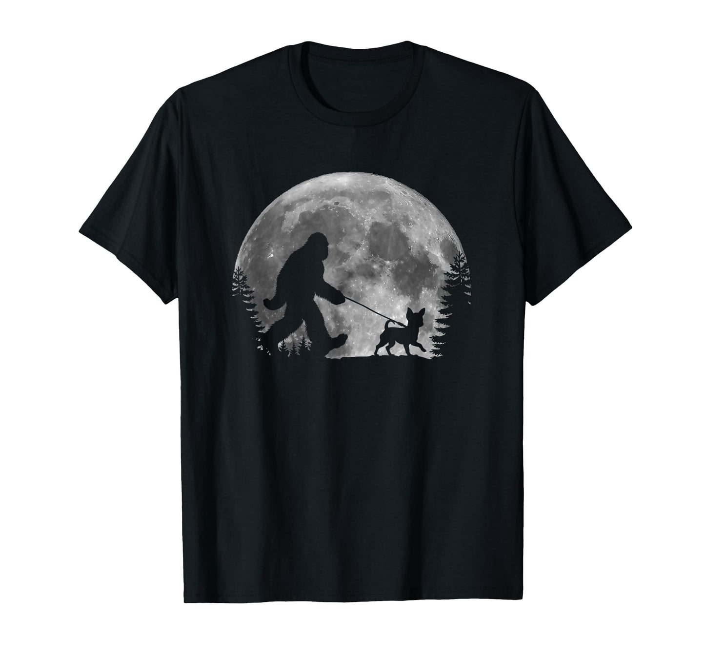 Bigfoot Walking a Dog Funny Chihuahua Lovers Moon Halloween Men Women Kids T-Shirt
