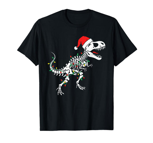 Dinosaur Skeleton Lights Santa Hat Funny Christmas Boys Kids T-Shirt