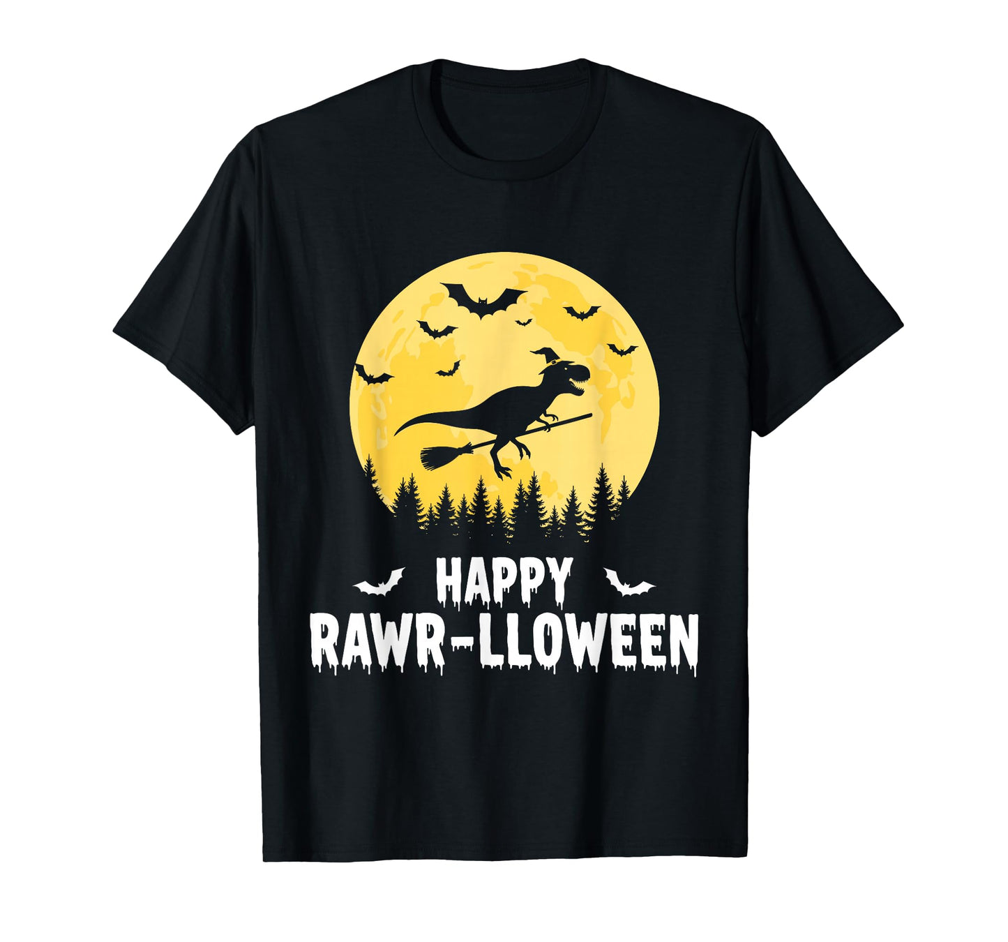 Happy Rawr-lloween Funny Halloween T Rex Flying Witch T-Shirt