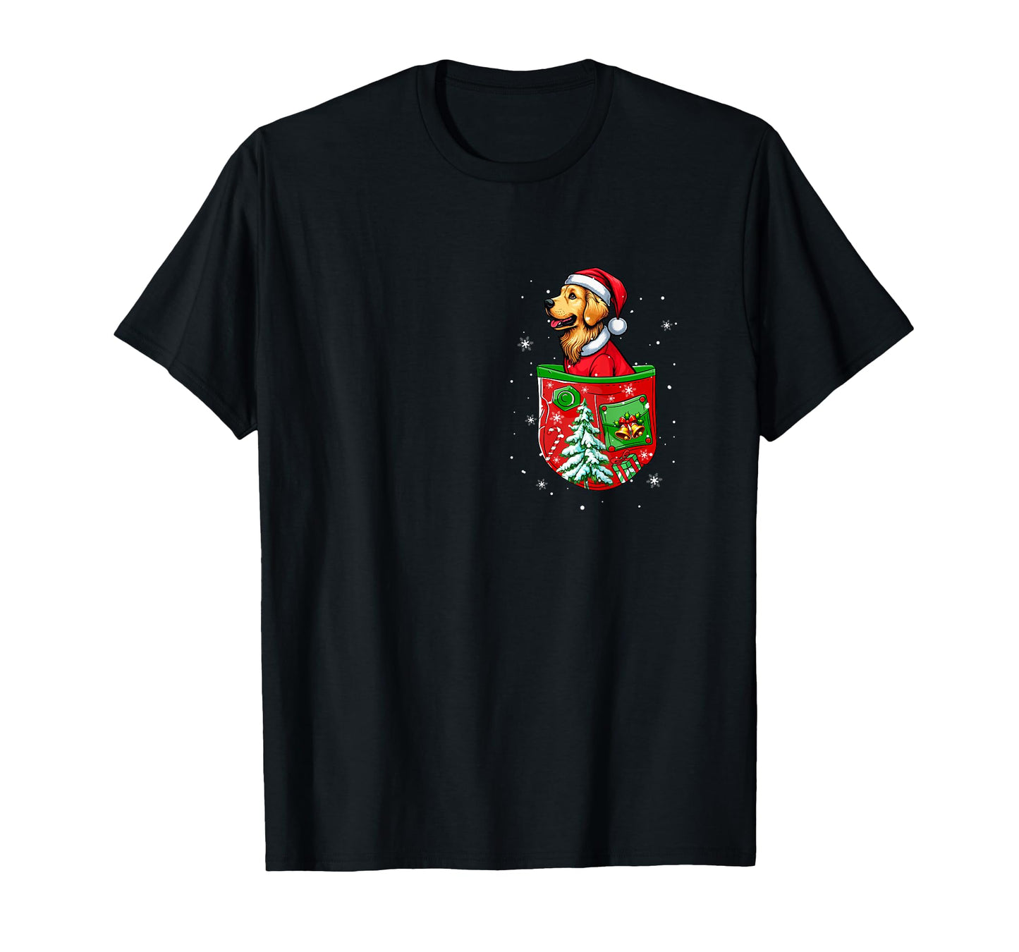Santa Golden Retriever in Pocket Owner Christmas Tree Bells T-Shirt
