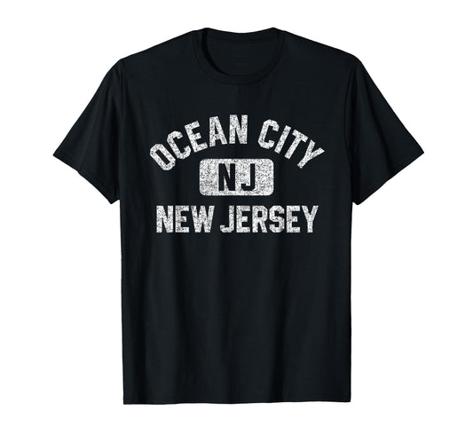 Ocean City New Jersey Gym Style Distressed White Print T-Shirt