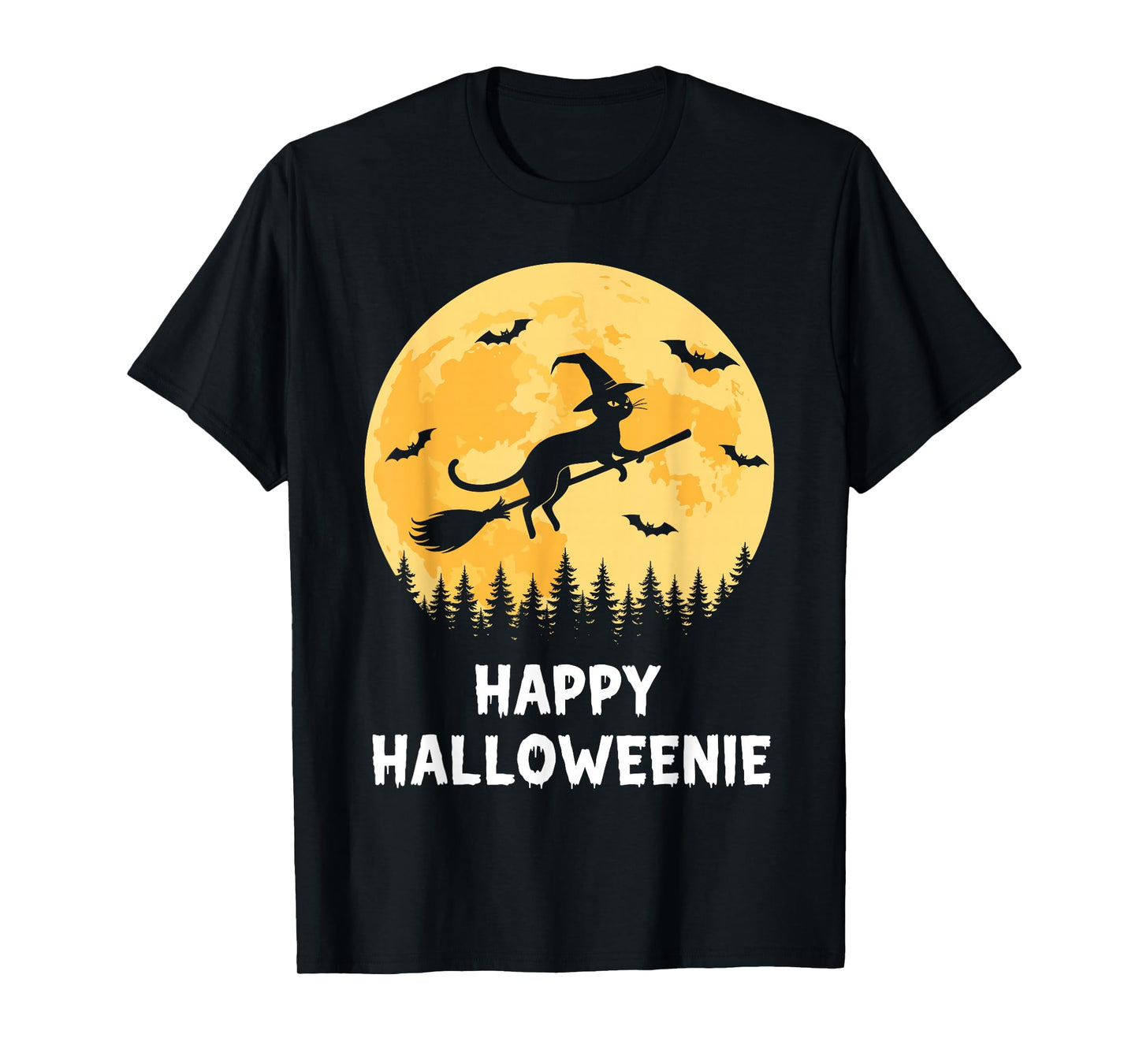 Happy Halloweenie Funny Halloween Cat Flying Witch T-Shirt