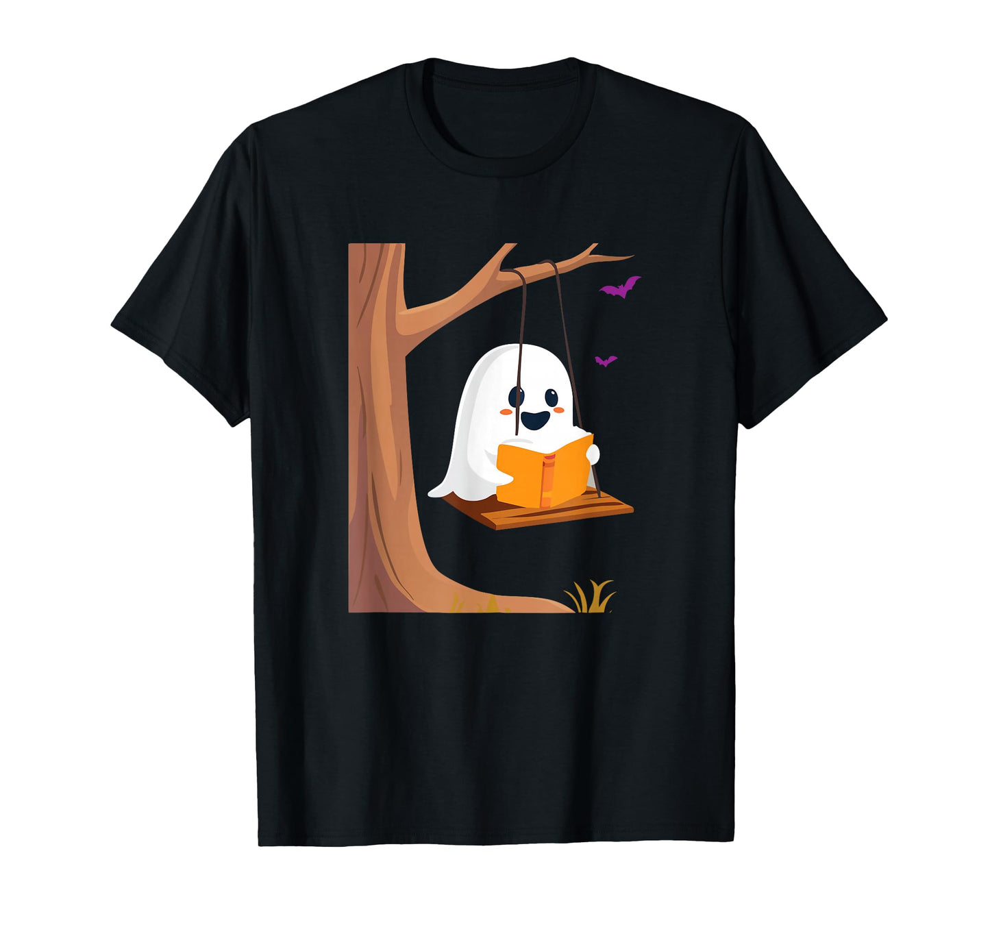 Kawaii Halloween Ghost Swinging Reading Book Bookish T-Shirt