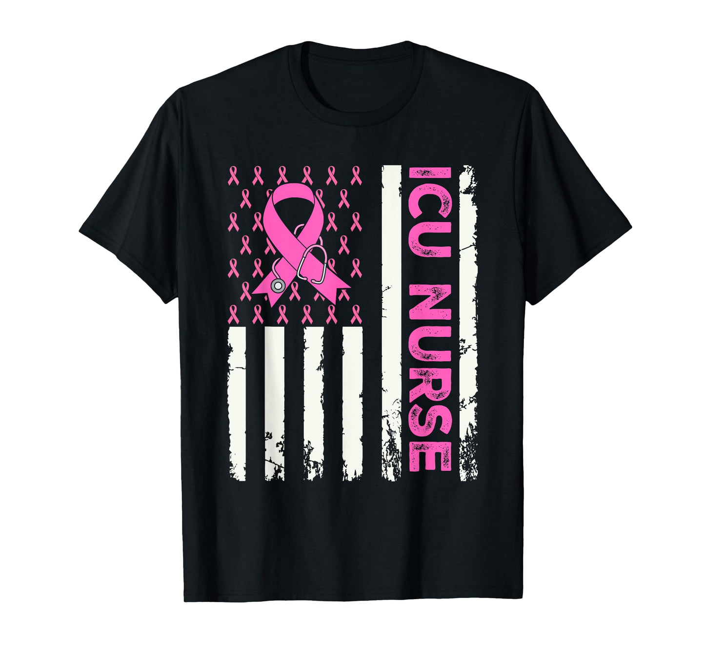 ICU Nurse American Flag Breast Cancer Awareness Pink Ribbon T-Shirt