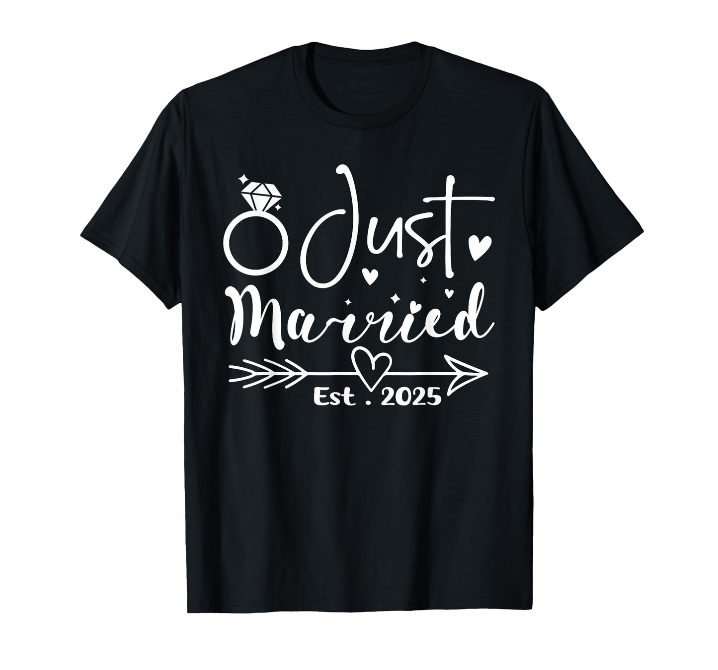 Wife EST 2025 Just Married Honeymoon Wedding Unisex-Adults Black Small Modern Formal Cotton Blend Crew Neck Short Sleeve T-Shirt
