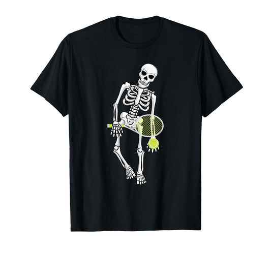 Skeleton Playing Tennis Lazy Halloween Costume Funny Sport T-Shirt