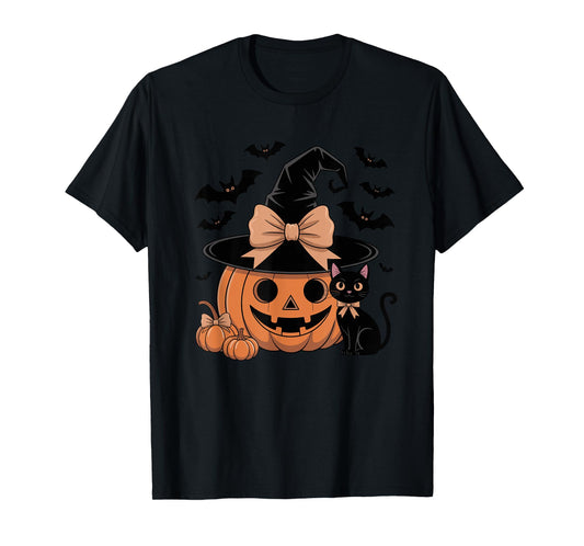 Fall Season Pumpkin Witch Hat Bow Halloween T-Shirt