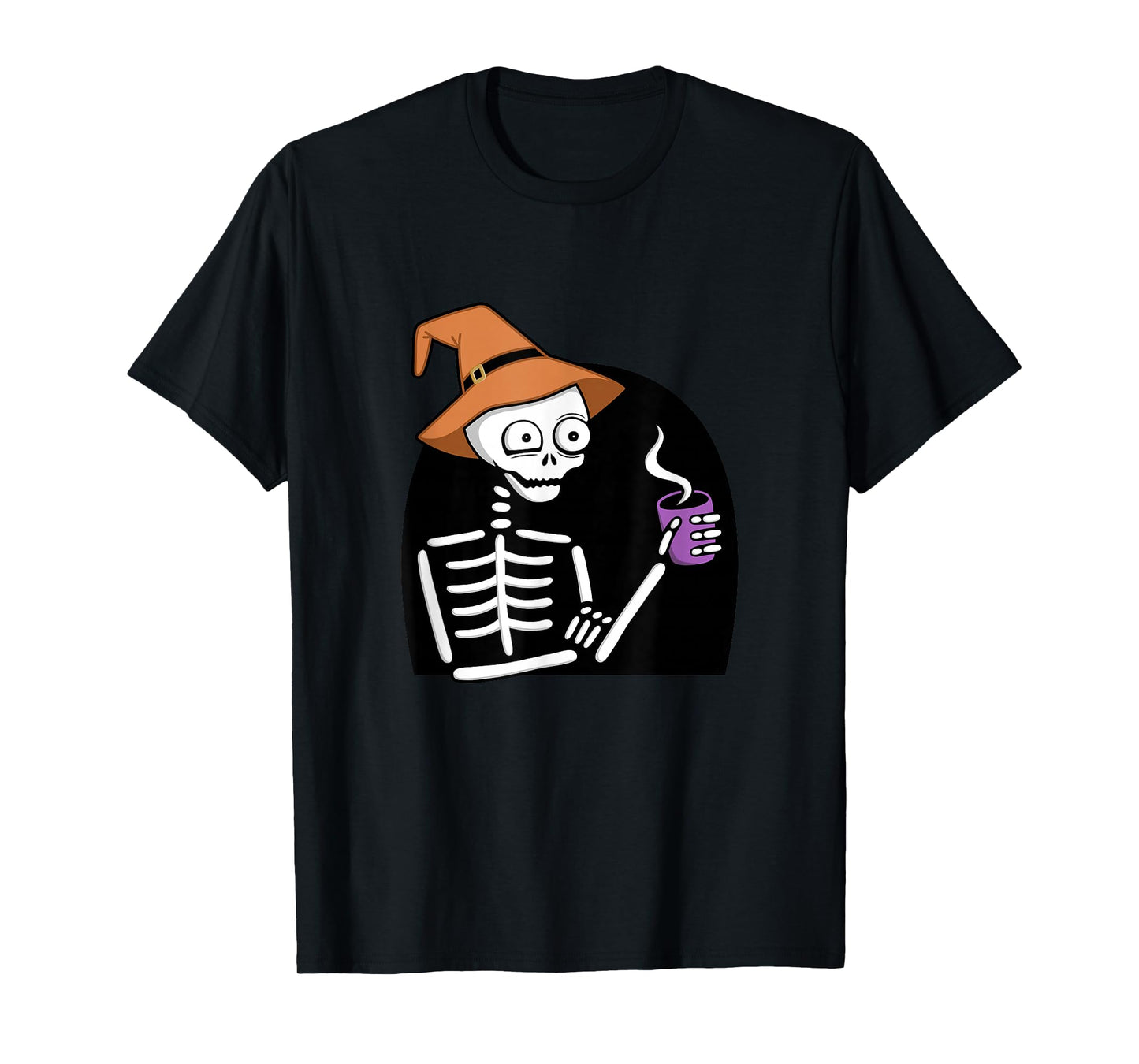 Skeleton Drinking Coffee Witch Hat Halloween Funny T-Shirt