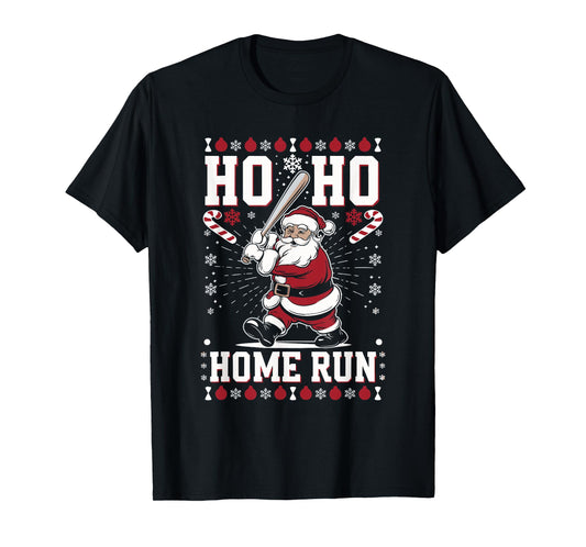 Christmas Santa Baseball Home Run Ho Ho Home Run T-Shirt, Unisex-Adults, Unisex-Kids, Black, Small, Short Sleeve, T-Shirt