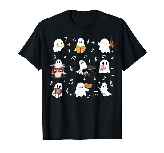 Halloween Music Teacher Ghost Playing Musical Instruments T-Shirt