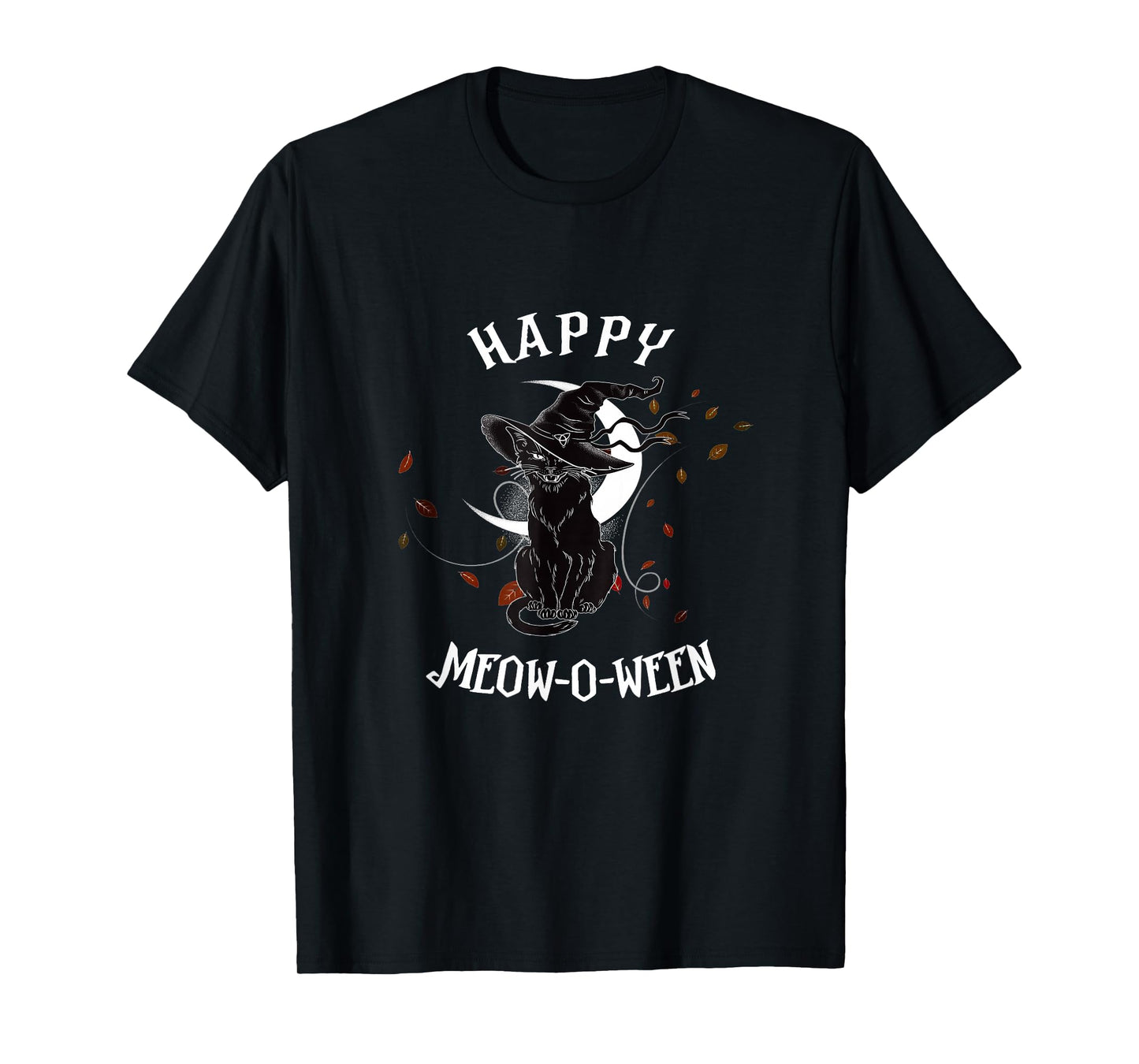 Happy Meow-O-Ween Cat Halloween Witch Hat & Full Moon T-Shirt