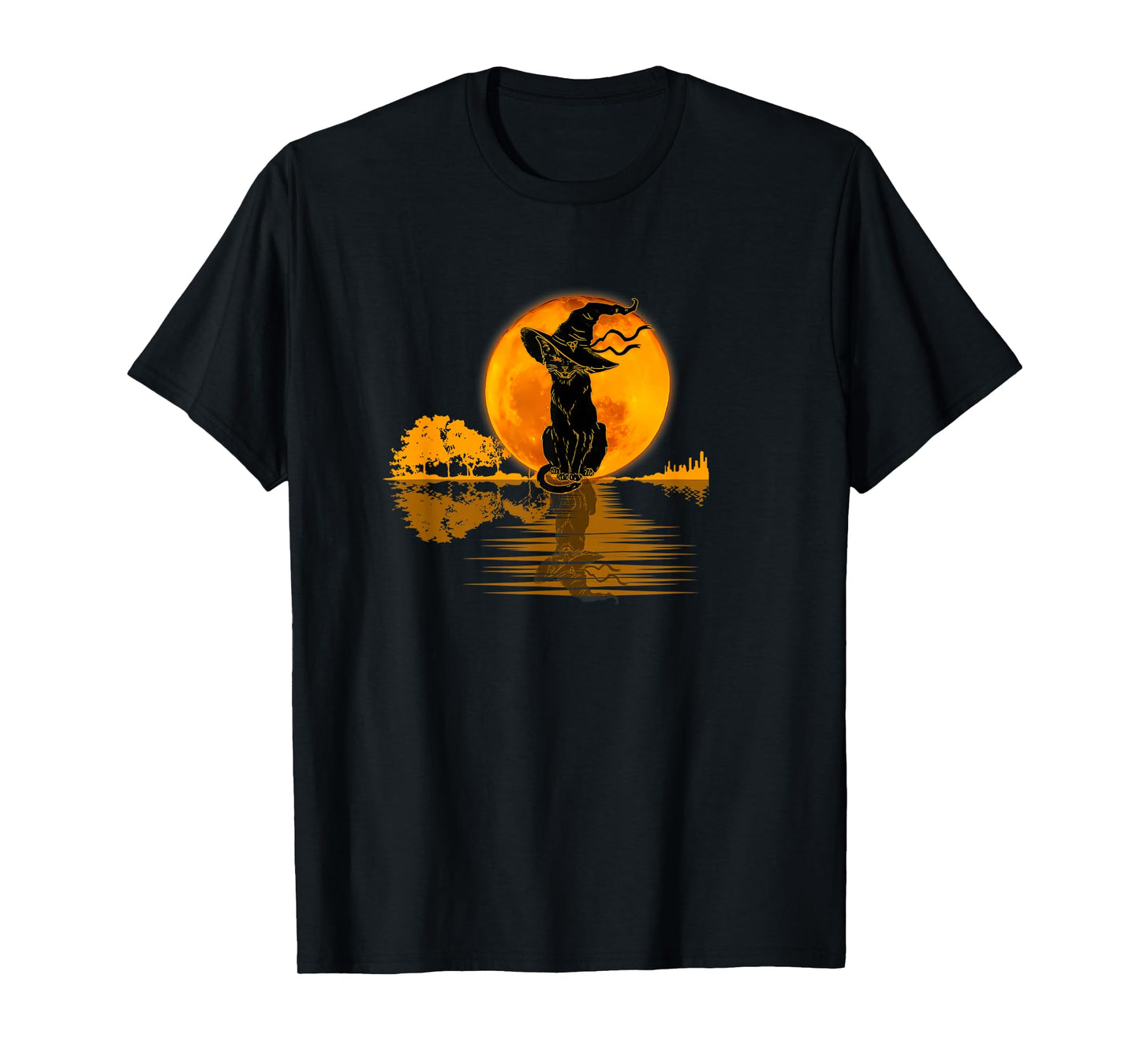 Scary Vintage Black Cat with Witch Hat Full Moon T-Shirt