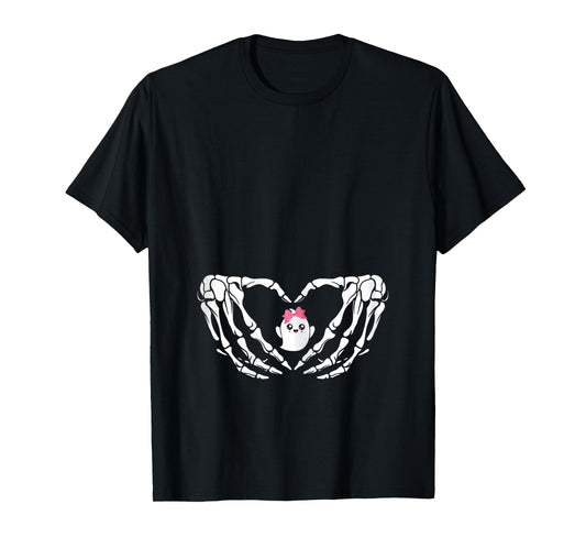 Halloween Pregnant Mom Cute Pink Bow Baby Girl Ghost New Mom T-Shirt