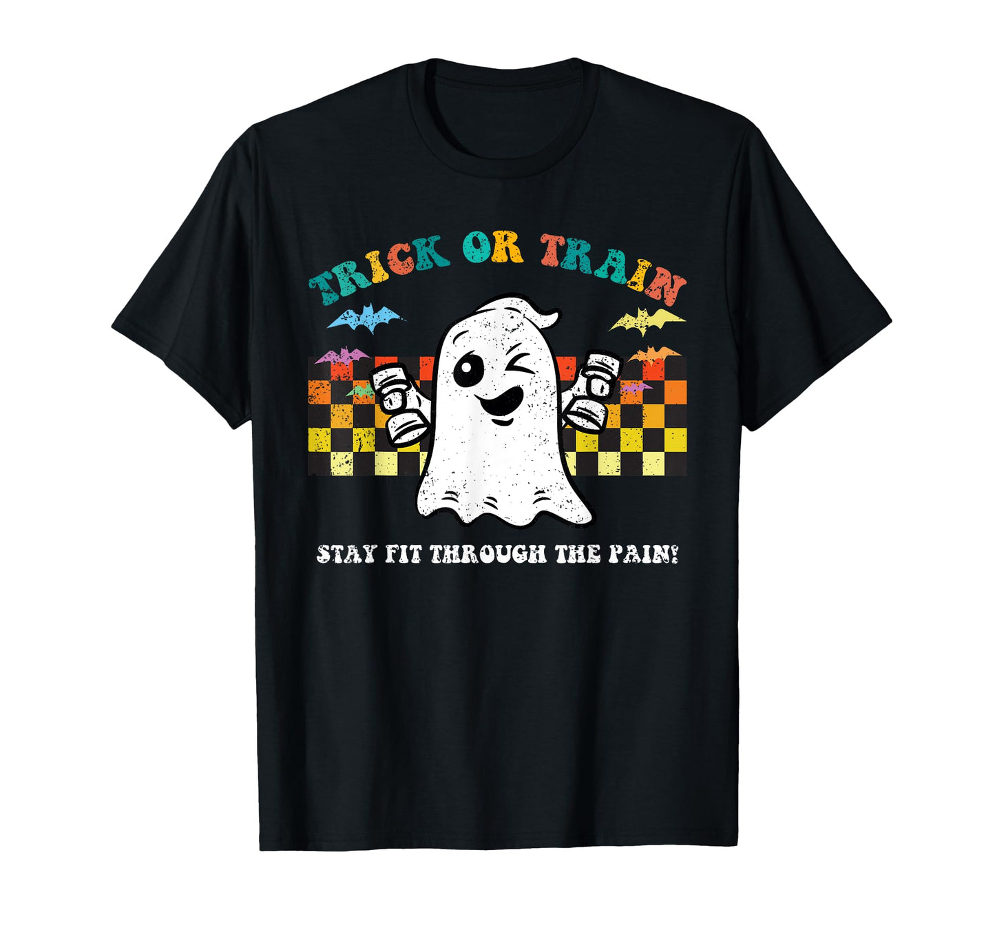 Trick Or Train Ghost Halloween Costume Fitnes Gym Workout T-Shirt