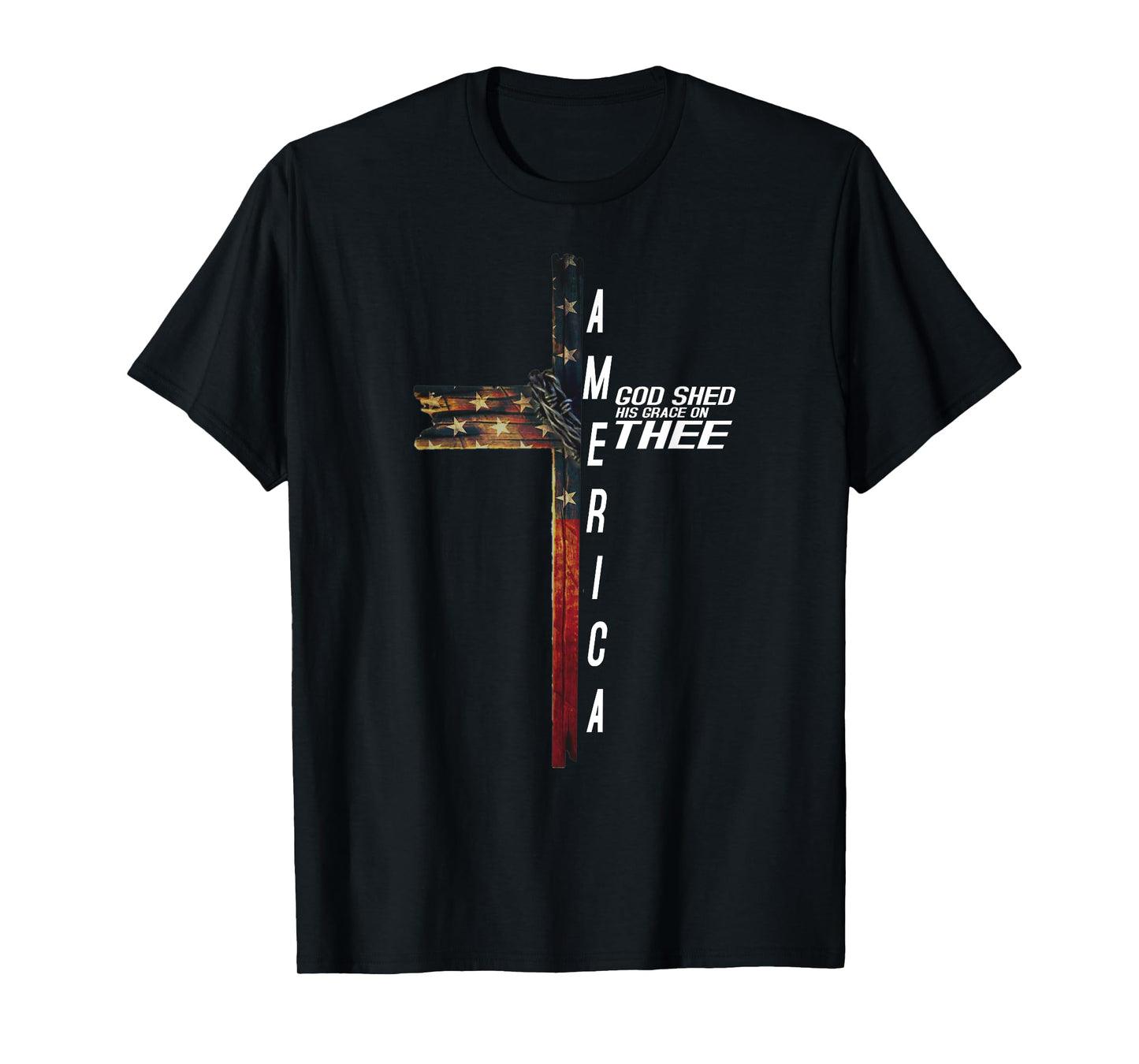 Cross With Flag USA America God Shed His Grace on Thee T-Shirt