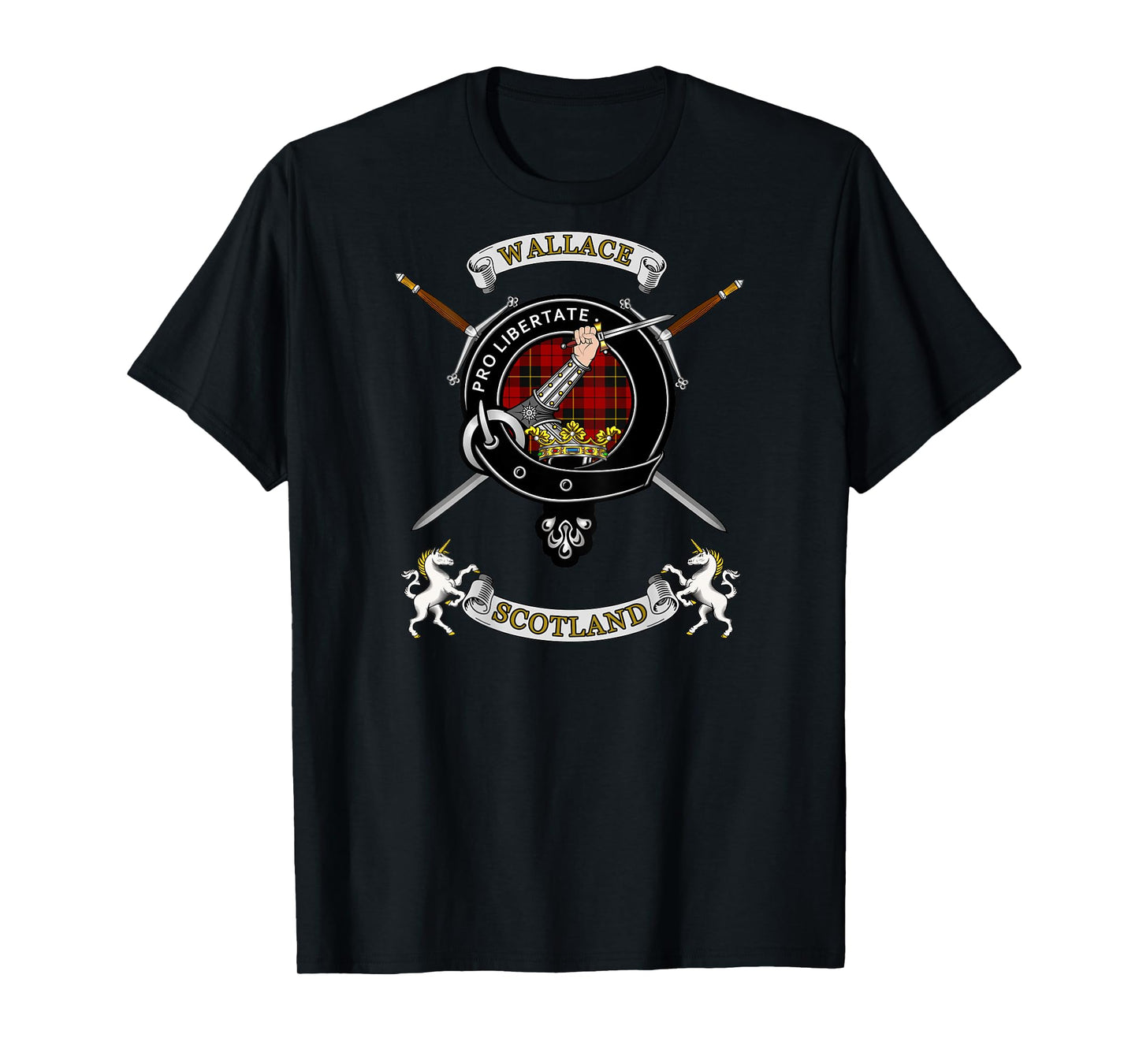 Wallace Clan Badge Tartan & Swords (back) T-Shirt