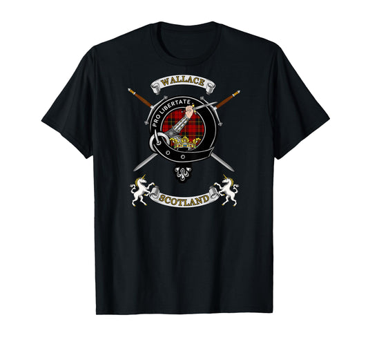 Wallace Clan Badge Tartan & Swords (back) T-Shirt